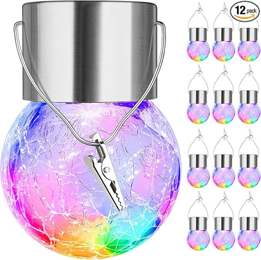 MAXvolador 12-Pack Hanging Solar Lights, Decorative Cracked Glass Ball Light, Multicolor Solar Powered Waterproof Globe Lighting for Garden, Tree
