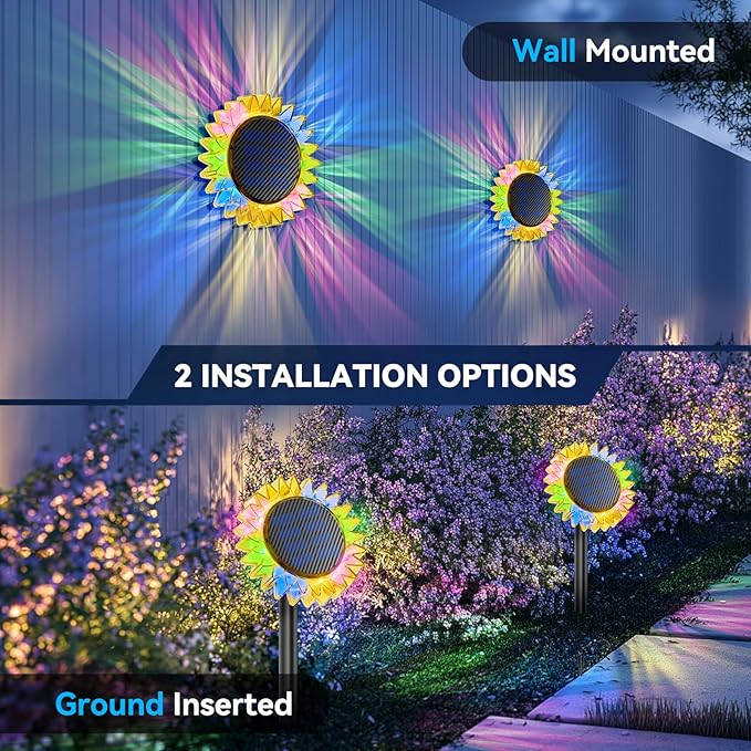 Solar Garden Lights - Upgraded Solar Sunflower Light, Ground/Wall 2 In 1, Solar Outdoor Lights Waterproof IP67,Garden Yard Patio Backyard Pathway Landscape Fence Wall Decoration, Multicolor(4 Pack)