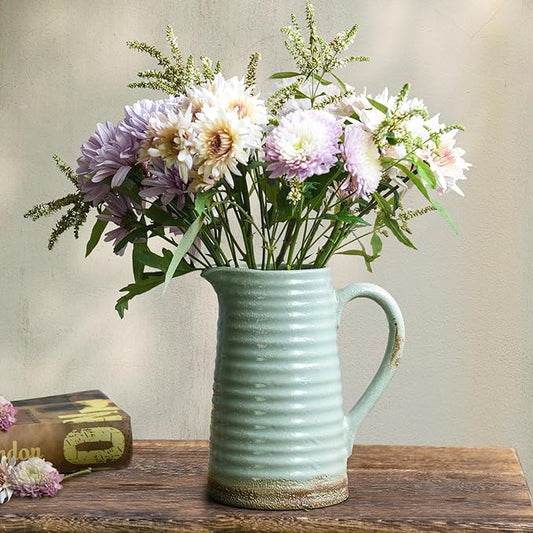Quoowiit Ceramic Rustic Vase with Handle, Green Distressed Decorative Farmhouse Pitcher Vase for Home Decor Living Room Bedroom Kitchen Office Shelf Decor Centerpiece Table Decoration