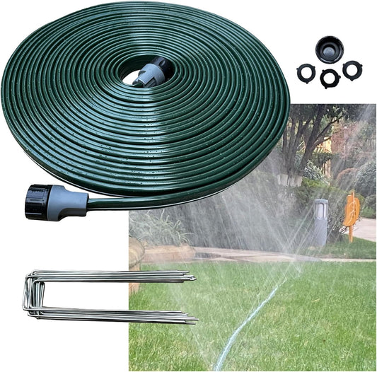 Watoo 2025 Sprinkler Hose & Soaker Hose for Yard - 50 FT Reinforced Flat Garden Hose with Holes, Heavy Duty No-Kink Lawn Irrigation Hose (Includes Stakes, High Pressure Spray)