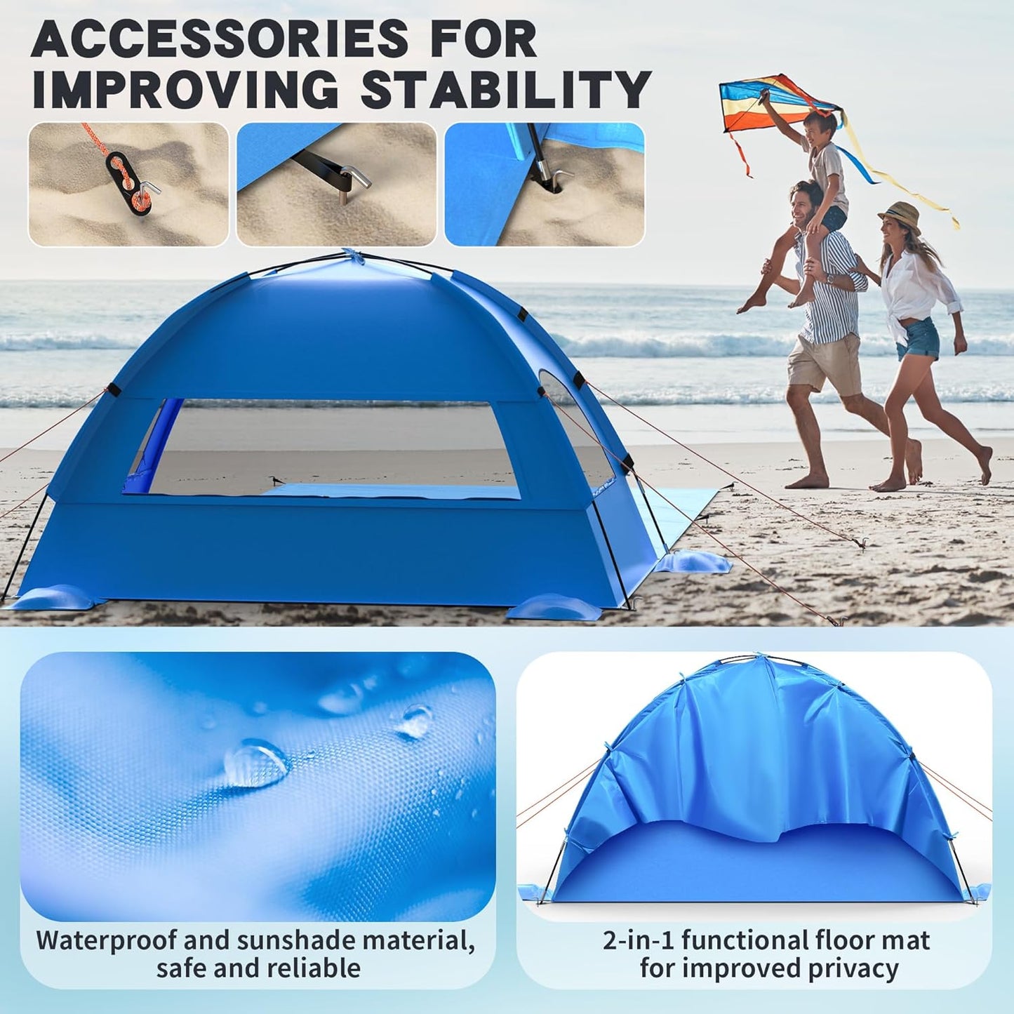 Beach Tent Sun Shelter with Extended Sand Mat 114×82inch，UPF 50+ Protection, 3 Double-Layer Windows for Enhanced Privacy; Portable Beach Shade, 3-4 People. Windproof and Waterproof