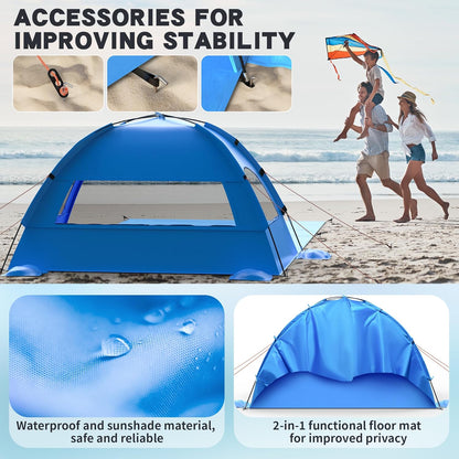 Beach Tent Sun Shelter with Extended Sand Mat 114×82inch，UPF 50+ Protection, 3 Double-Layer Windows for Enhanced Privacy; Portable Beach Shade, 3-4 People. Windproof and Waterproof