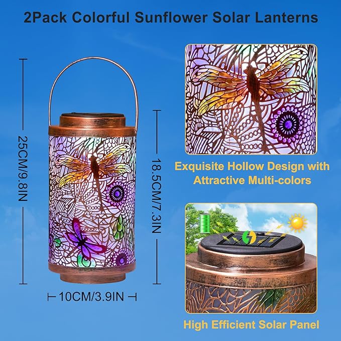 Go2garden 2Pack Solar Outdoor Lanterns Waterproof Dragonfly Garden Gifts for Women Patio Decor Lights Metal Lantern for Yard, Tabletop, Porch, Outside,Mothers Day Gifts for Mom Women