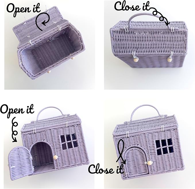 Rool Rattan House Shaped Basket Wicker Small Dollhouse Gift for Girls, Boho Toys, Mouse in a Box House, Little Girl Purse Clutch, Doll Carrier (Purple)