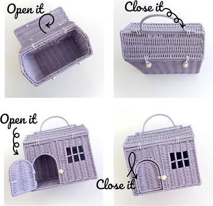 Rool Rattan House Shaped Basket Wicker Small Dollhouse Gift for Girls, Boho Toys, Mouse in a Box House, Little Girl Purse Clutch, Doll Carrier (Purple)
