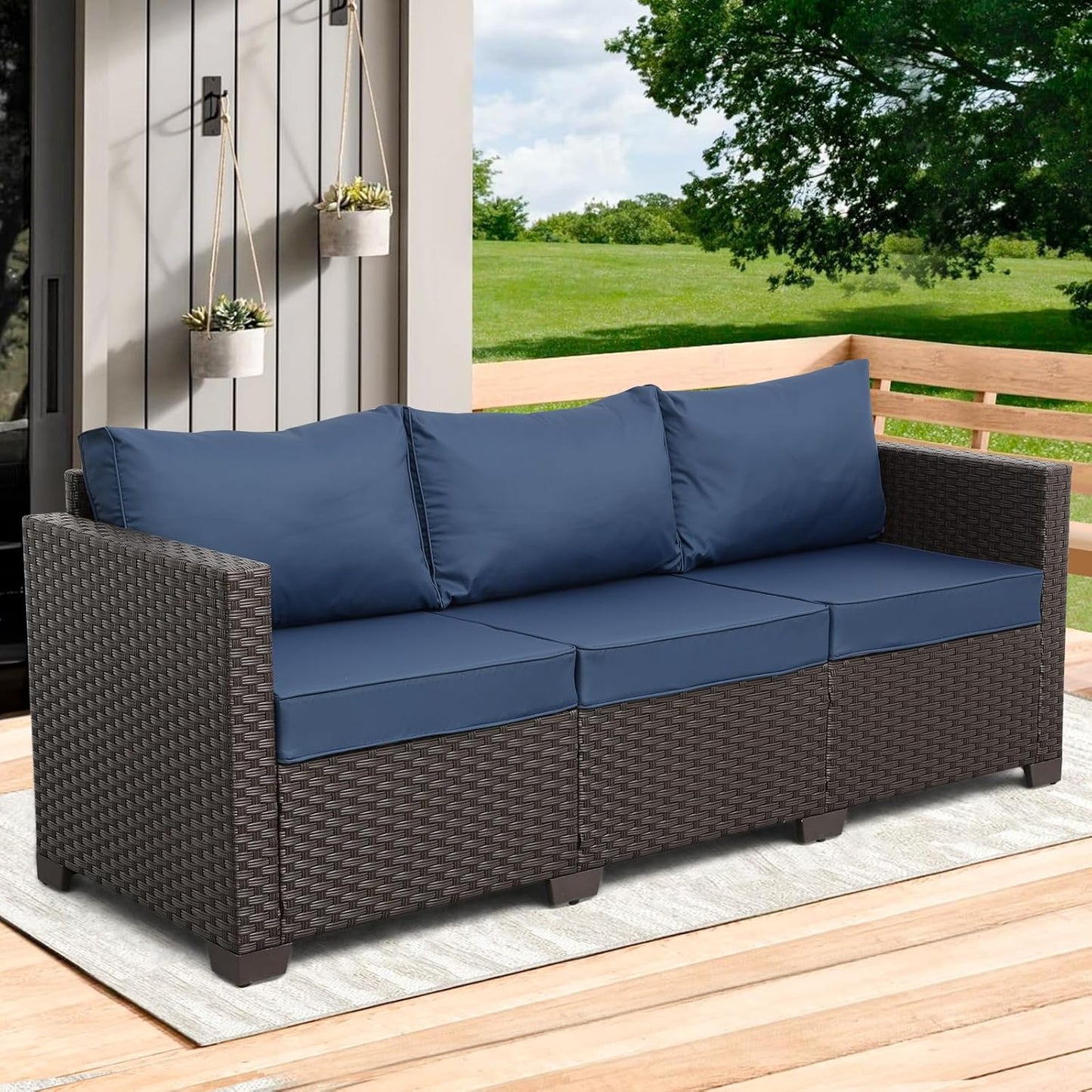 Rattaner Outdoor Couch Wicker Patio Furniture 3-seat Sofa Outdoor Furniture Deep Seat Hight Backrest with Waterproof Cover Anti-Slip Cushions, Navy Blue