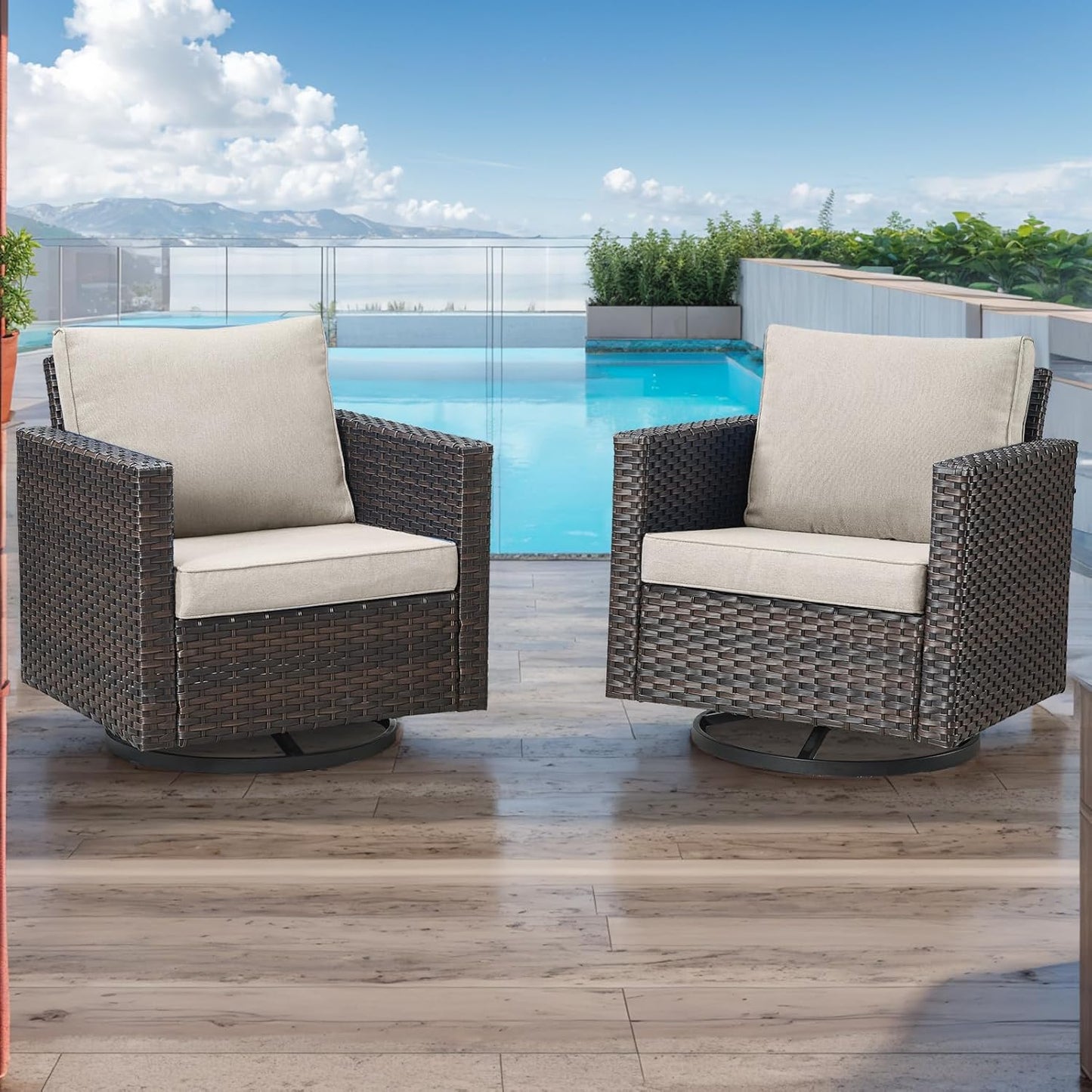 HUMMUH 3-Piece Patio Swivel Chairs,PE Wicker Outdoor Rocking Chairs Bistro Set with Side Table Porch Balcony Furniture with Cushions