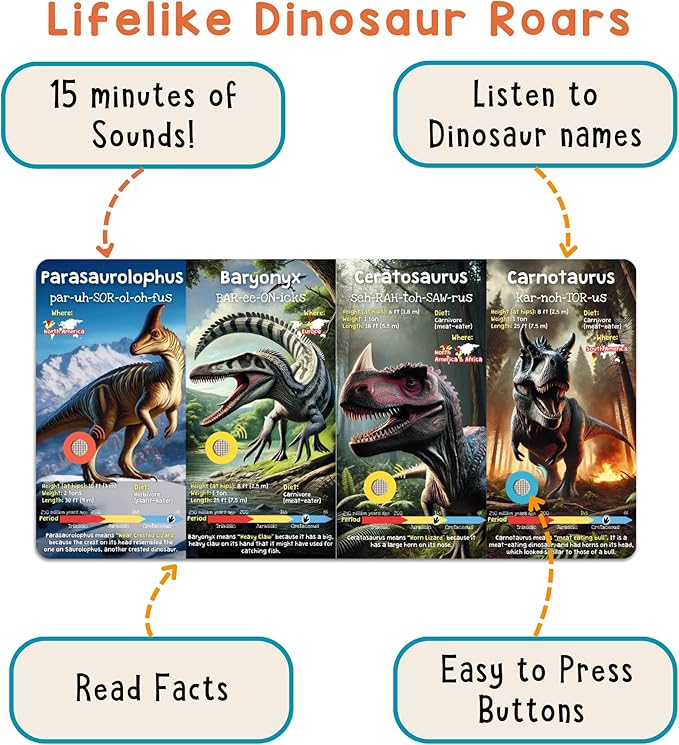 LEARNING BUGS Dinosaur Sound Book for Kids 3-5, 28 Realistic Sounds. Explore Land, Sky, & Sea Dinosaurs, Perfect Educational Toy and Gift for Toddlers