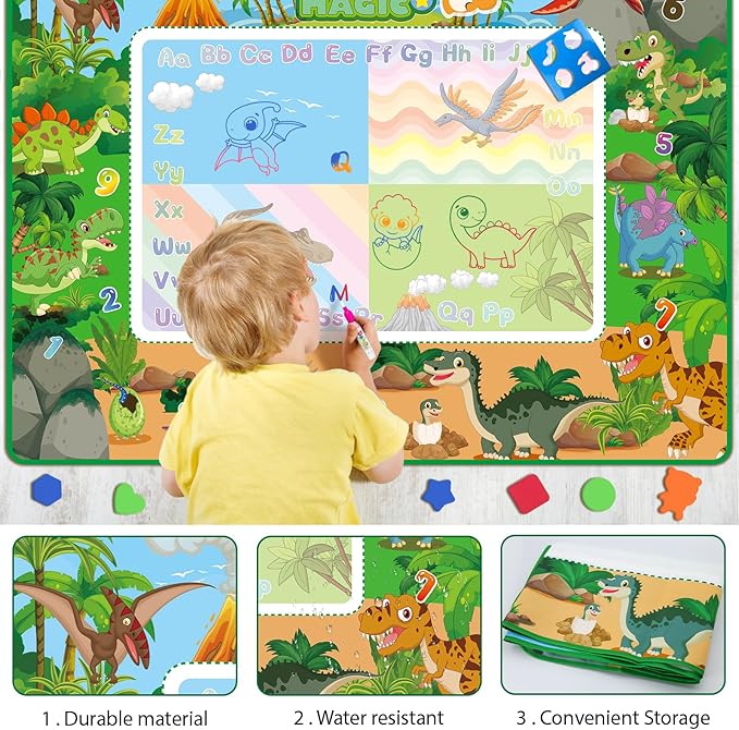 60×40 Inches Water Doodle Mat Kids Mess Free Coloring for Toddlers 3 4 5 6 7 8 9 Years, Large Doodle Mat with 4 Magical Water Color Pens 0-9 Number Template Educational Toys