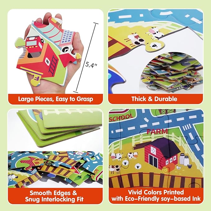 City PlayMat Jumbo Floor Puzzle for Kids Ages 3-8，60-Piece Large Jigsaw Puzzles, Town Map with Race Tracks & Train Tracks，Educational Toy for Pretend Play, Ideal Gift for Preschoolers