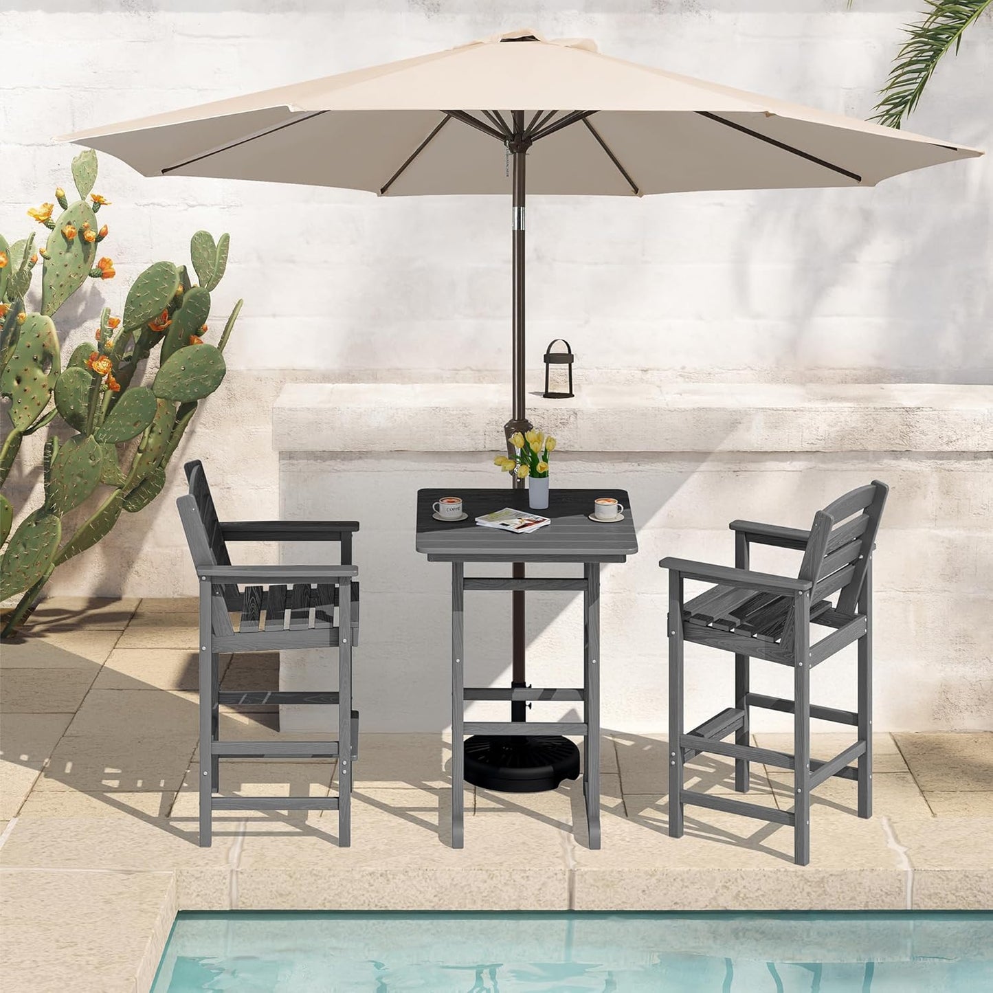 SERWALL 4 Pieces Outdoor Patio Bar Set with 9ft Umbrella, Outdoor HDPE Barstool and Table Furniture Set with Patio Umbrella, Gray