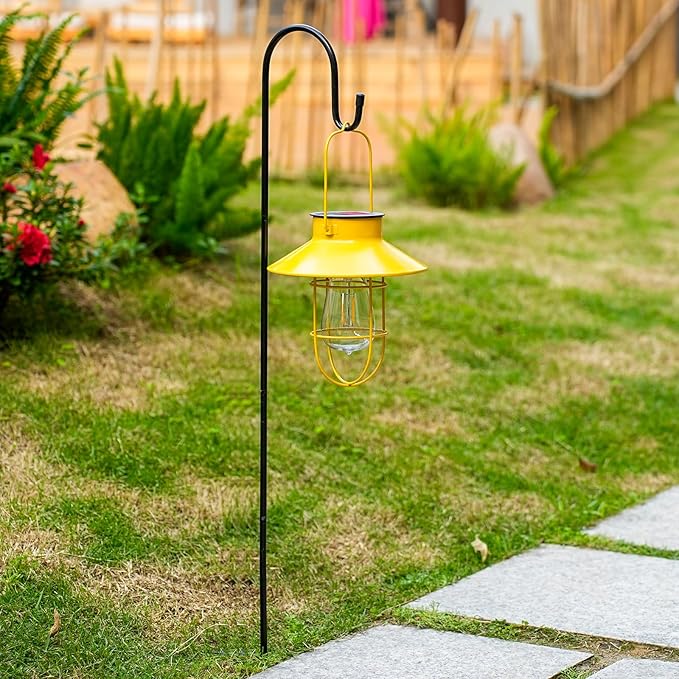 Solar Lights Lantern Lamp with Shepherd Hook, Solar Metal lanterns, outdoor lights decor, Water resistant Edison Bulb Lights for Garden ,outside decor for pathways,patio, lawn, or landscaping (Yellow)