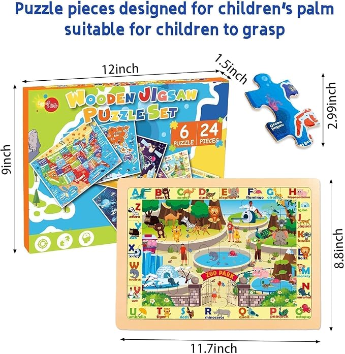 Christmas Wooden Puzzles for Toddlers 3-5,6 Packs 24Pcs Jigsaw Wooden Solar System Puzzles for Ages 4-8,Preschool Educational Brain Toys Gifts for Boys and Girls 2 4 3 5 Year Old（World Map）