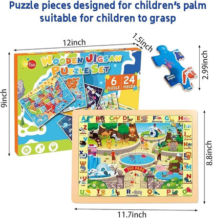 Christmas Wooden Puzzles for Toddlers 3-5,6 Packs 24Pcs Jigsaw Wooden Solar System Puzzles for Ages 4-8,Preschool Educational Brain Toys Gifts for Boys and Girls 2 4 3 5 Year Old（World Map）