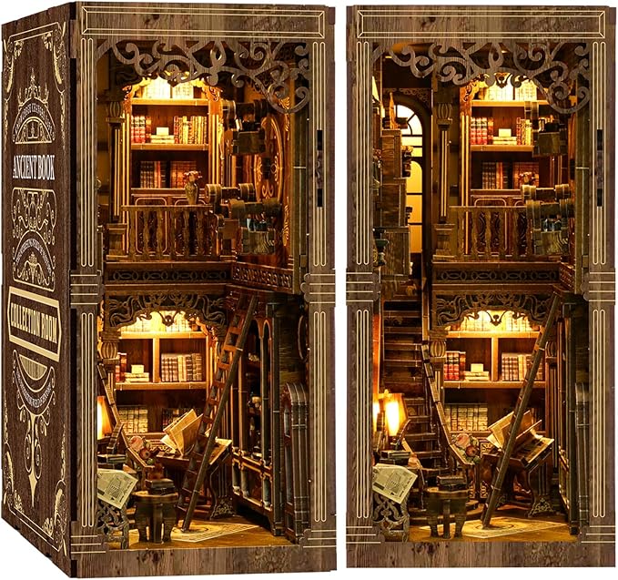 ISSEVE Book Nook Kit, DIY 3D Wooden Puzzle Dollhouse Booknook for Adults, Tiny Miniature House Kit Bookshelf Decor with LED Light and Dust Cover, Gifts for Family and Friends (Book Collection Room)