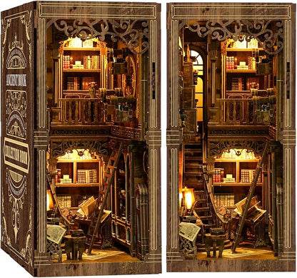 ISSEVE Book Nook Kit, DIY 3D Wooden Puzzle Dollhouse Booknook for Adults, Tiny Miniature House Kit Bookshelf Decor with LED Light and Dust Cover, Gifts for Family and Friends (Book Collection Room)