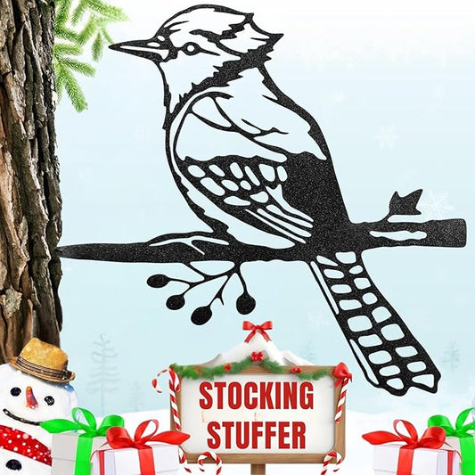 Renovatio Metal Bird Decor – Rustic Bluejay Decoration, Metal Garden Sculpture, Outdoor Tree Ornaments – A Unique Outdoor Yard Decor – Bluejay (Black)