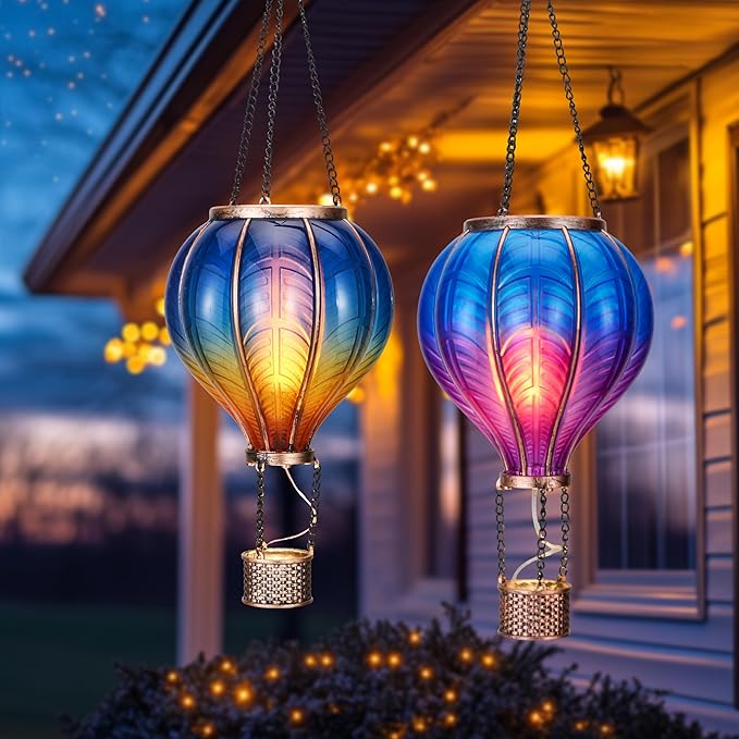 TERESA'S COLLECTIONS 2 Pack Hanging Solar Lantern Outdoor Garden Decor for Valentine,Waterproof Plastic Hot Air Balloon Blue Flickering Flame Effect Lantern for Yard Tree,Gift for Mom,18"