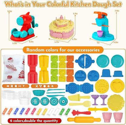 61 PCS 3 in 1 Dough Sets for Kids Ages 3-4-8, Art Crafts Dough Tools Kit, Ice Cream Playset Noodle Cake Maker Machine, Kitchen Creations Food Play Toys Toddlers Boys Girls