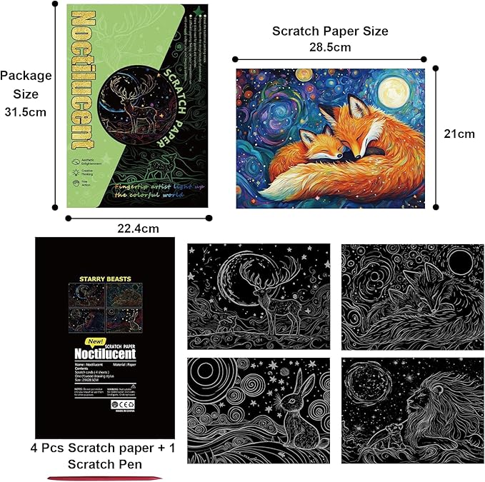 Georgie Porgy Scratch Paper Art Set for Kids Adults Magic Rainbow Scratchboards for DIY Arts and Crafts Kits Christmas Birthday Gift with Scratching Tools Kit (A4-Noctilucent Beast + Constellation)