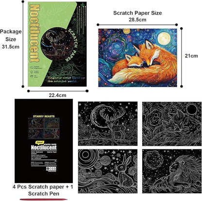 Georgie Porgy Scratch Paper Art Set for Kids Adults Magic Rainbow Scratchboards for DIY Arts and Crafts Kits Christmas Birthday Gift with Scratching Tools Kit (A4-Noctilucent Beast + Constellation)