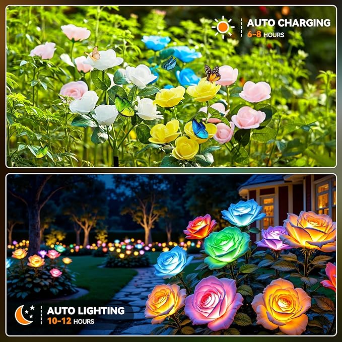WdtPro 10 Pack Solar Lights Outdoor Decorative, Solar Powered Garden Lights Outdoor Waterproof, Color Changing Solar Flowers LED Rose Light for Outside Pathway Patio Yard Grave Garden Decor, Gifts
