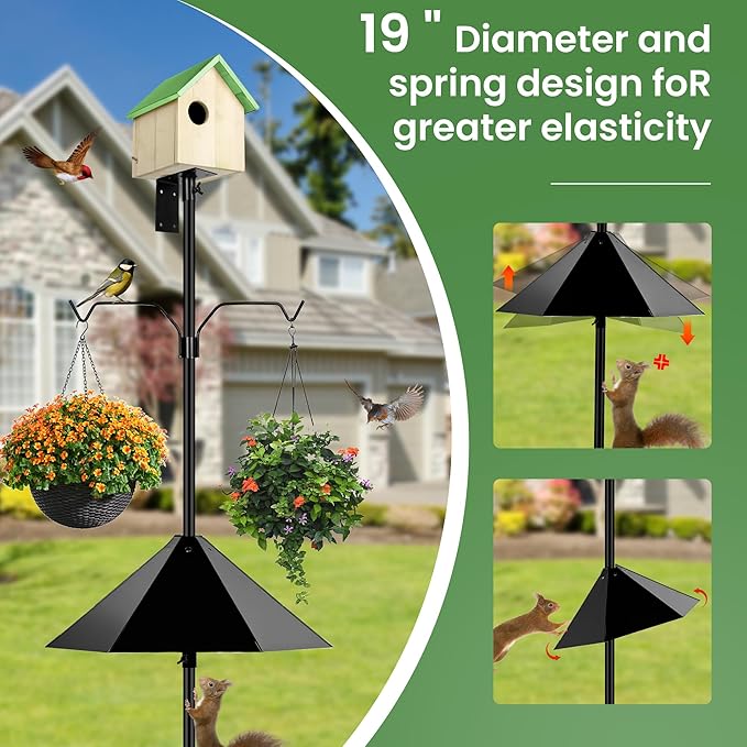 Bird Feeder Pole, 79 Inch Heavy Duty Bird House Pole Mount Kit for Outdoors, Adjustable Feeding Stand, with 2-Hooks, Metal Squirrel Baffle and 5-Prong Base, Black