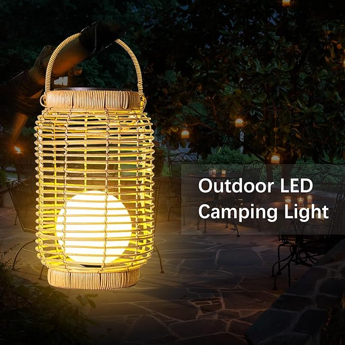 Solar Lantern Outdoor Waterproof，Large Natura Rattan Solar Lantern Hanging with Handle, Solar Powered Decorative Table Lamp for Gardens ，Patio,Yard,Porch,Trees,Lawn,Pathway Home Decoration，12Inch