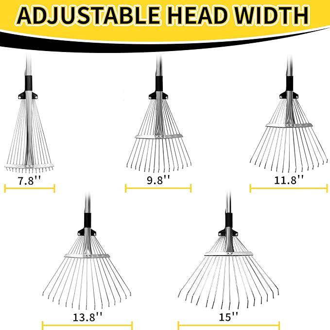 2 Pack Garden Rake for Leaves,Heavy Duty Metal Adjustable Leaf Rake for Lawns,Long Handle 33"-69" with Expandable Head 8"-15",Garden Tools for Yard Lawn Shrub Garden Beds