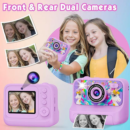 Kids Camera, Upgrade Kids Camera Instant Print, Front Rear Dual Selfie Digital CAM with 1080P Videos, Portable Travel Toy with Games and Music, Christmas Birthday Gift for Boys, Girls and Teens