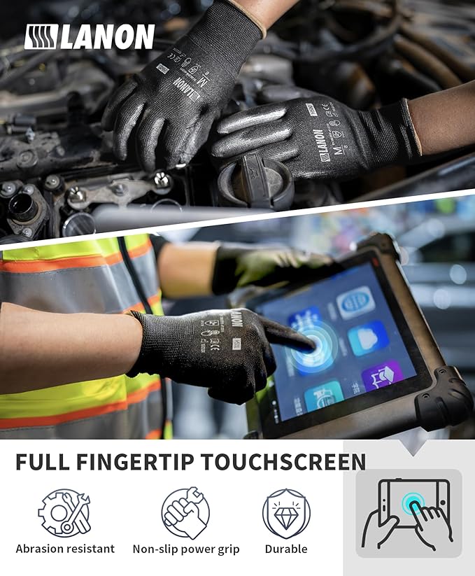 LANON 12 Pairs Safety Work Gloves, Mechanic Working Gloves for Men, PU Coated, Seamless Knit, Lightweight, Black, XL