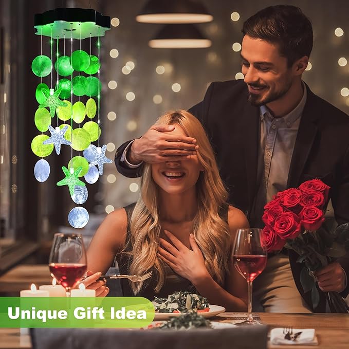 Solar Wind Chimes for Outside, White & Green Shell Gifts for Mom Grandma Women, Waterproof Solar Outdoor Decorative Mobile Lights for Garden, Yard, Patio, Window, Party, Outdoor Decorations