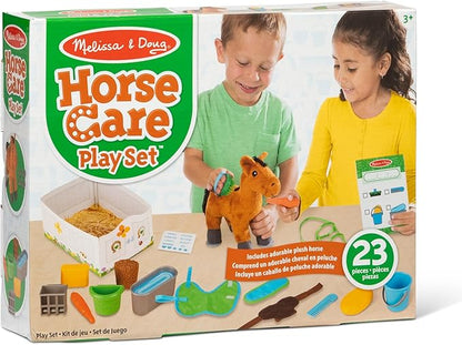 Melissa & Doug Feed & Groom Horse Care Play Set with Plush Stuffed Animal (23 pcs) Pretend Play Horse Plush Toys for Girls and Boys Toddlers Ages 1+