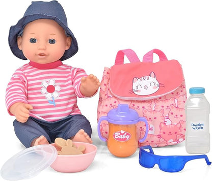 Gift Boutique Baby Doll with 12 Inch Baby Doll for Toddlers Feeding Set with Realistic Diaper Bag, Bottles, Sunglasses, and Pretend Play Feeding Accessories for 2 Years and Up