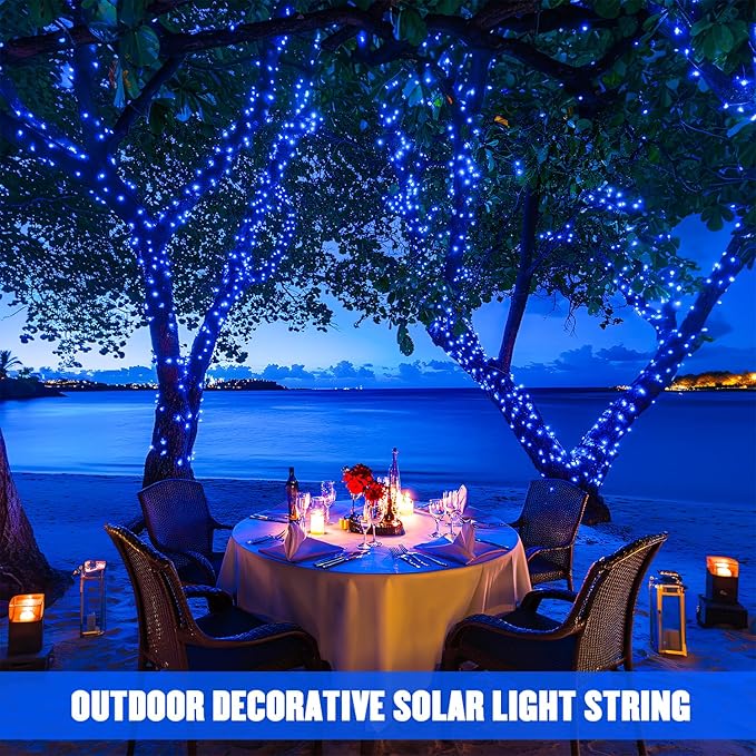 JMEXSUSS 2 Pack Blue Solar Christmas Lights: 100 LED 33ft Blue Solar Lights Outdoor, 8 Modes Solar String Lights for Outside Christmas Tree Gardens Party