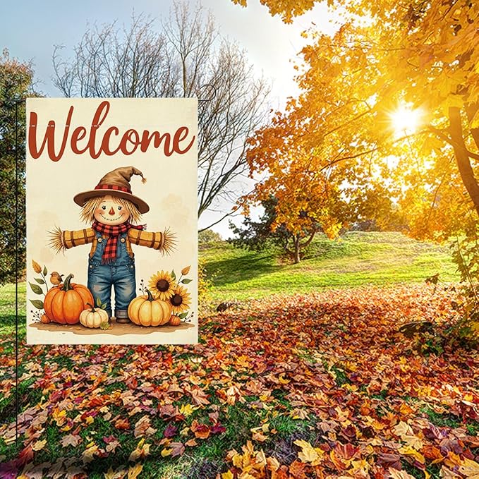 Fall Welcome Garden Flag Autumn Thanksgiving Scarecrow Garden Flag 12x18 inch Double Sided Fall Thankful Flags Holiday Decorations for Yard Lawn Patio (Flay 1810)
