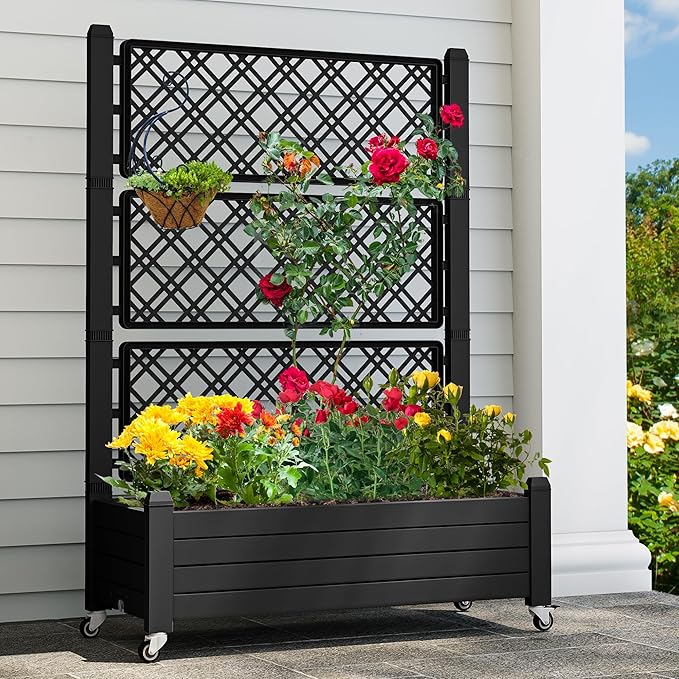 YITAHOME 3.6x1.5x5 FT Planter Box Trellis with Wheels, Large Outdoor Plastic Raised Garden Bed with Drain Plug for Climbing Plants, Black