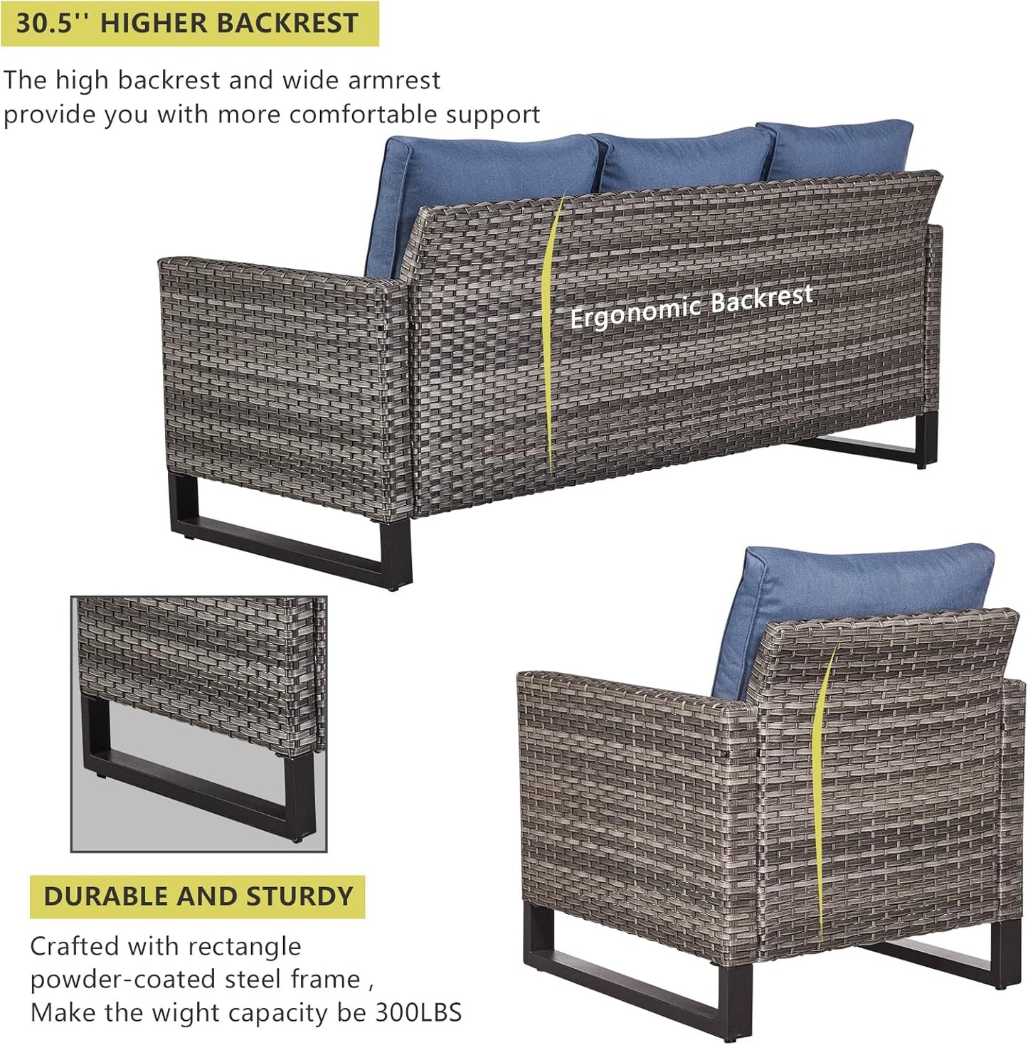 HUMMUH 5 Piece Patio Furniture Set All Weather Wicker Outdoor Sectional Sofa,High Back Patio Chairs and Ottomans for Porch,Garden,Backyard