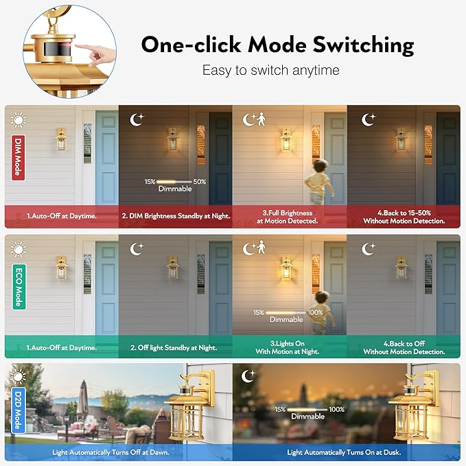 VIANIS Motion Sensor Exterior Lights for House, 2 Pack Dusk to Dawn Outdoor Lighting, Gold Outdoor Sconce Lantern, Waterproof, Weather Resistant Porch Lights Outside for House, Garage, Front Door