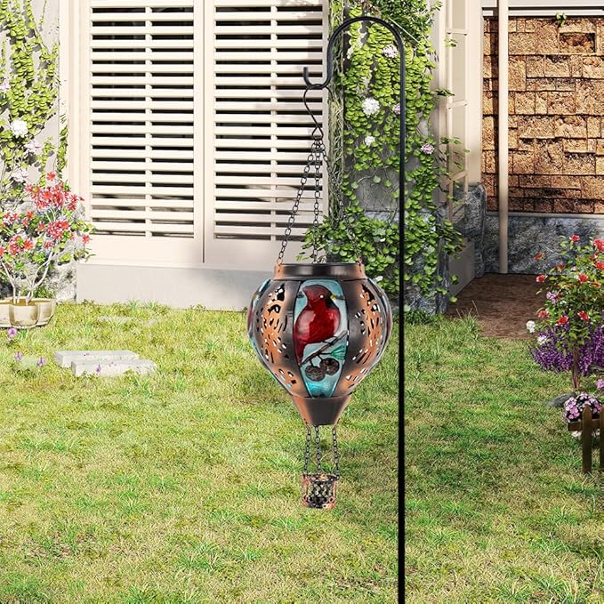 Cardinal Solar Hanging Lanterns Hot Air Balloon, Solar Outdoor Lanterns with Flame Decor for Garden Yard Patio, Cardinal Solar Lights Birthday Gift for Mom