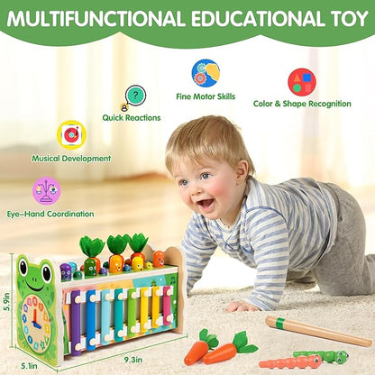6-in-1 Wooden Montessori Toy with Mole Whacking Game & Xylophone for 1-5 Year Old Toddler, Activity Cube for 12+ Month Baby, Multipurpose Early Learning Toy with Frog Clock, Birthday Gift for Boy/Girl