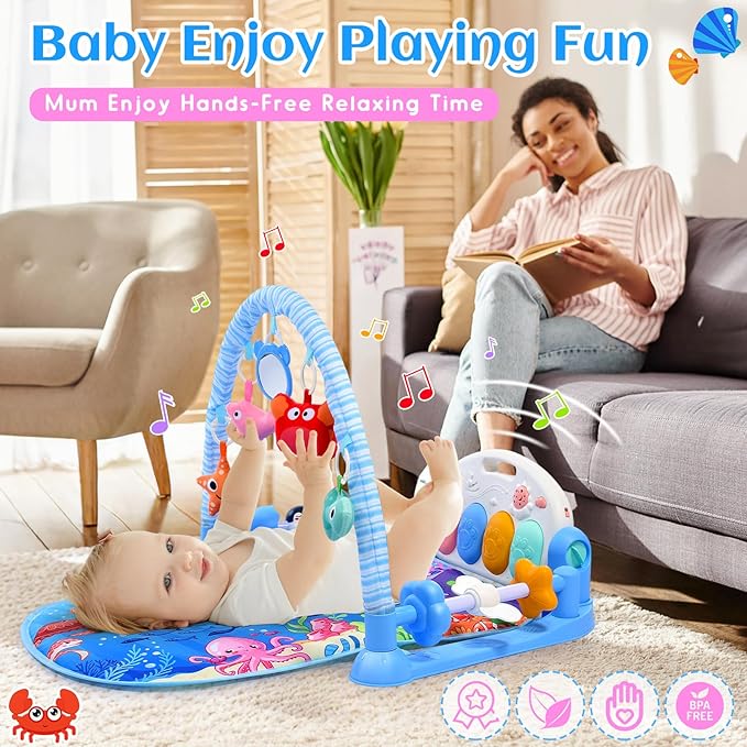 Baby Gyms Play Mats with Tummy Time Water Mat, Baby Activity Mat Play Piano Gym with 5 Sensory Toys for Babies, Music & Lights Boy & Girl Gifts for Newborn Babies 0-3 4-6 6-9 6-12 Months