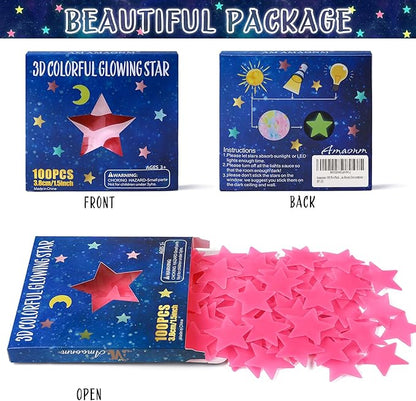 AM AMAONM 100 Pcs Pink Glow in The Dark Luminous Stars Fluorescent Noctilucent Plastic Wall Stickers Murals Decals for Home Art Decor Ceiling Wall Decorate Kids Babys Bedroom Room Decorations