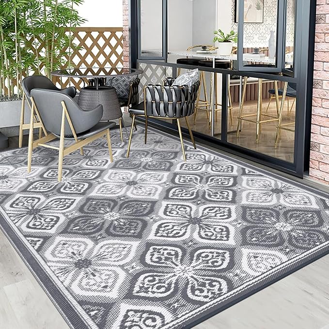 Pauwer Reversible Outdoor Rug, 6'x9', Waterproof, Polypropylene, Clover Grey, Area Rug for Patio, RV, Camping, Picnic, Backyard, Deck, Balcony, Porch