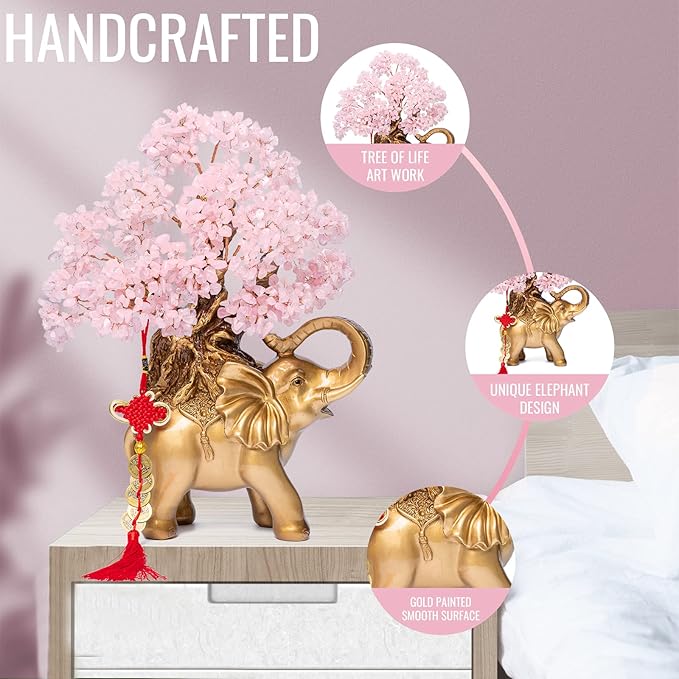 Rose Quartz Crystal Money Tree on Gold Elephant Statue, 17”Large Gemstone Bonsai Tree of Life Home Décor Gifts for Wealth Positive Energy, Feng Shui Décor