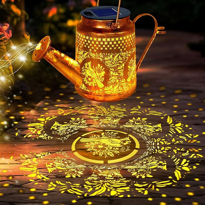 Solar Lights Outdoor Garden Decor, Cardinals Hanging Waterproof Watering Can Lights Outside Decorations for Yard Front Porch Patio Backyard Gift for Mom Grandma Women Birthday （with Shepherd Hook）
