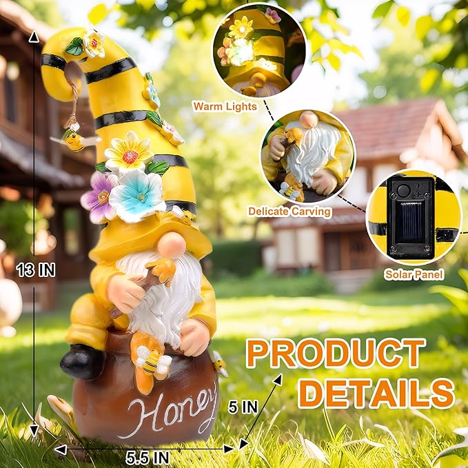 13" Garden Solar Spring Gnomes Statues Outdoor Spring Decor with LED Lighted Bee and Flowers Funny Garden Sculpture for Patio Yard Lawn Decorations Gifts