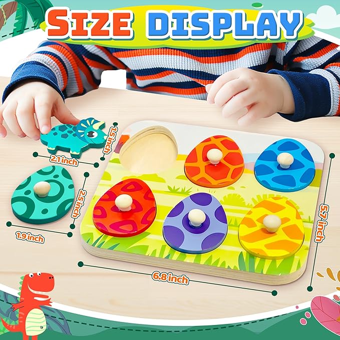 Christmas Stocking Stuffers Dinosaur Wooden Puzzles for Toddlers 1-3 Year Old, Matching Eggs Peg Puzzle Birthday Gifts for Babies Fine Motor Skills Montessori Toys for Toddler Age 2-4 Boys Girls