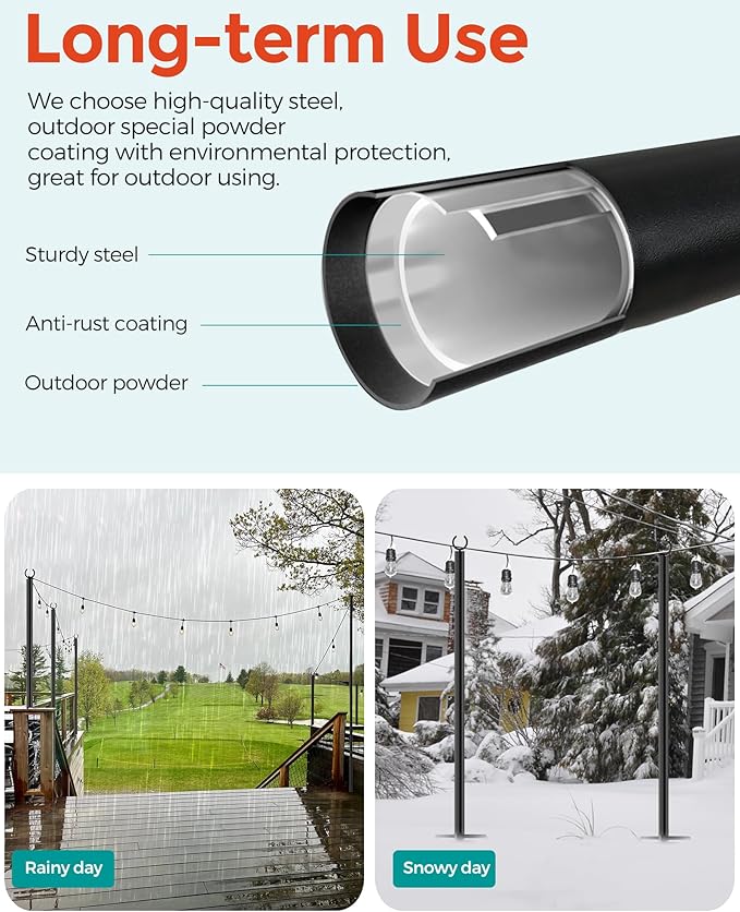 LAND·VOI 2 Pack String Light Poles, 9FT Heavy Duty Metal Light Poles for Outside String Lights, Outdoor Light Poles with 5 Prong Fork, Lighting Stand for Patio, Backyard, Garden, Deck, Black FLP12B