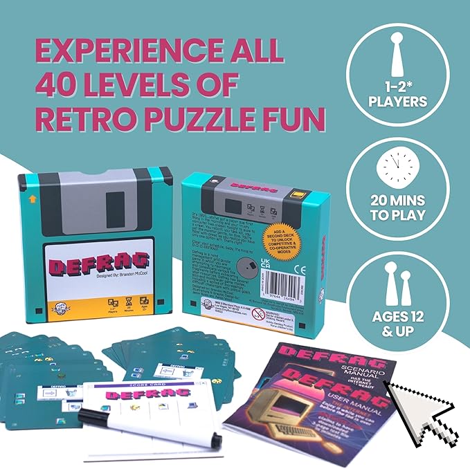 Defrag | Nostalgic Floppy Disk Themed Travel-Size Board | Play Anywhere | Challenging Puzzle with Scenario Booklet | Solo Play for Ages 12+ | Tiny Series